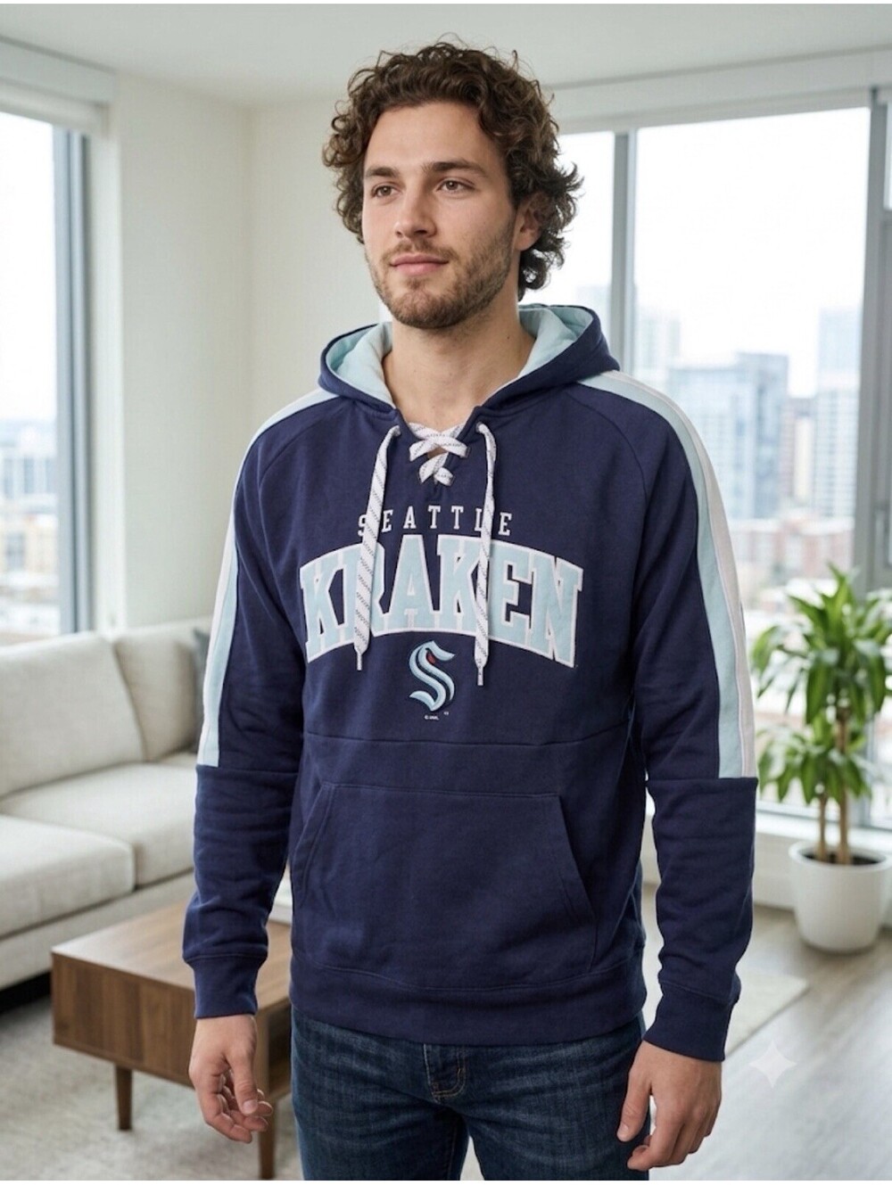 NHL Seattle Kraken Lace-Up Hoodie Sweatshirt Men's Small Navy Blue Fleece